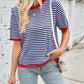 Lovelet Striped Contrast Round Neck Half Sleeve Knit Top