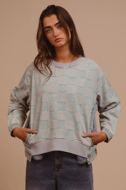 BiBi Mineral Washed Checkered Round Neck Denim Top - Brand BiBi