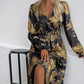 Perfee Printed Surplice Long Sleeve Midi Dress