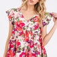 Mittoshop Floral V-Neck Ruffled Cap Sleeve Blouse