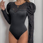 Perfee Lace Round Neck Puff Sleeve Bodysuit