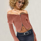 Double Take Ribbed Off-Shoulder Zip Up Long Sleeve Cardigan
