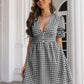Decorative Button Plaid Short Sleeve Dress