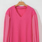 Waffle-Knit V-Neck Long Sleeve Blouse