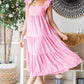 Reborn J Ruffled Bubble Pink Sleeveless Tiered Midi Dress