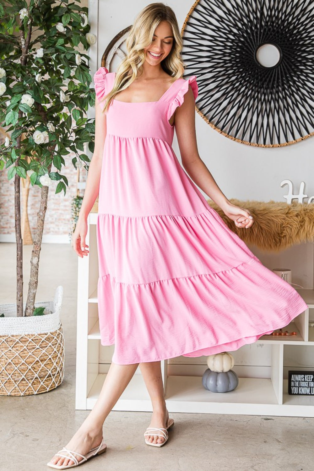 Reborn J Ruffled Bubble Pink Sleeveless Tiered Midi Dress