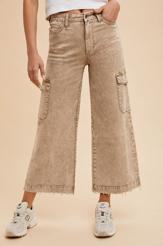 Annie Wear Raw Hem Wide Leg Jeans with Cargo Pockets