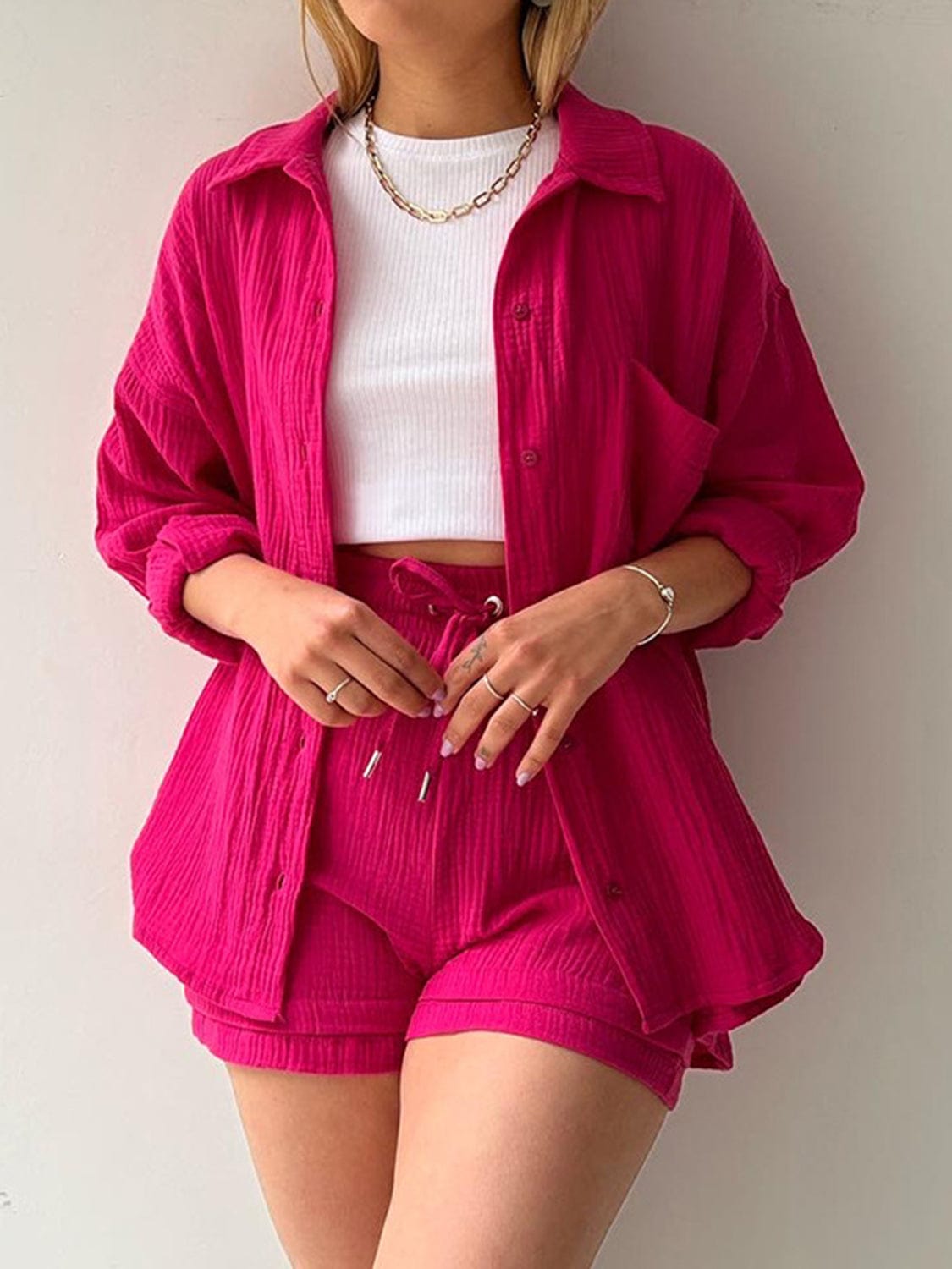 Full Size Texture Button Up Shirt and Drawstring Shorts Set