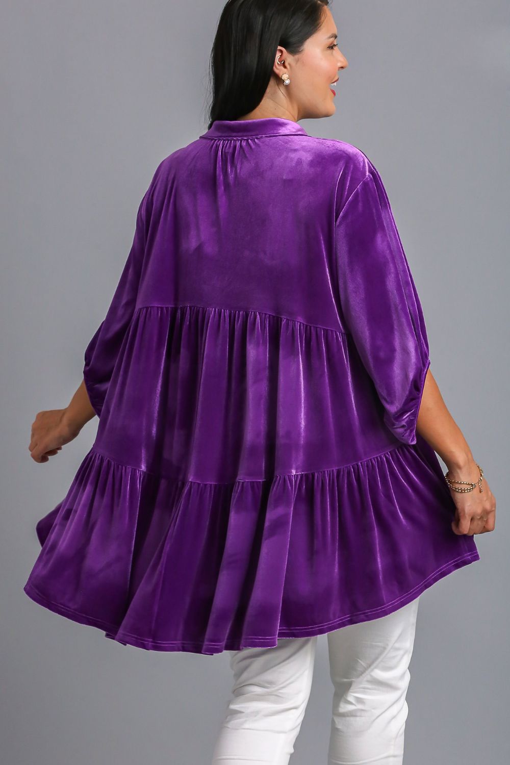 Umgee Full Size Button Down Tiered Back High Low Shirt *