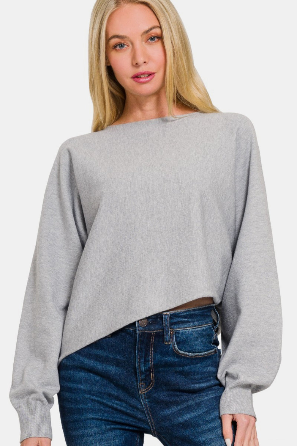 Zenana Asymmetric Hem Long Sleeve Sweater *