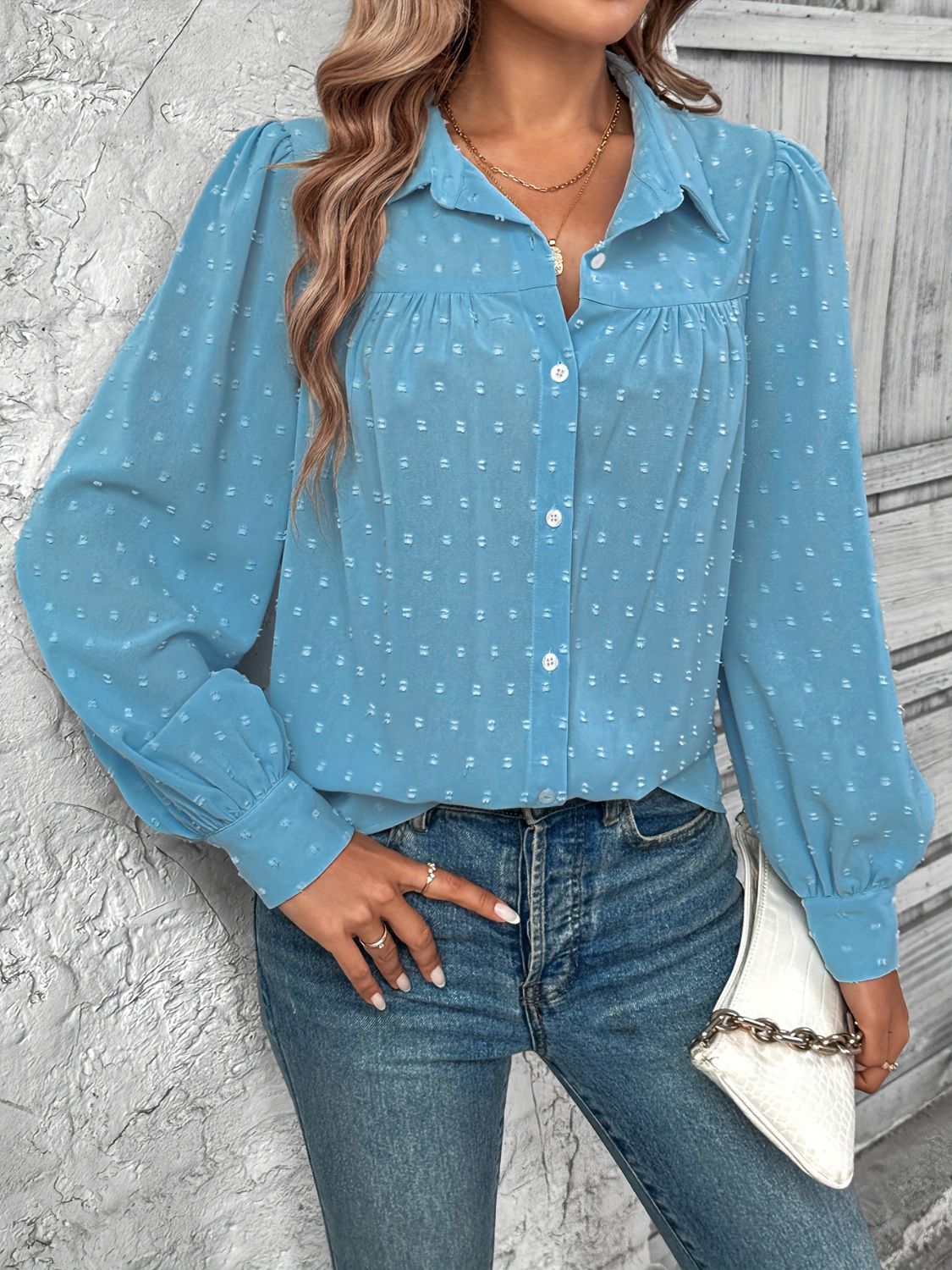 Full Size Swiss Dot Collared Neck Long Sleeve Shirt