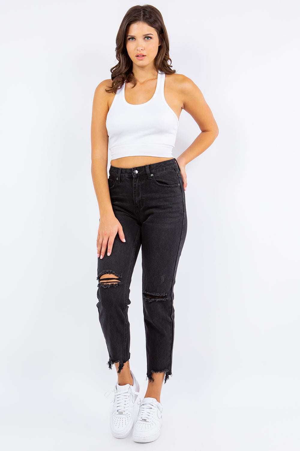 American Bazi High Waist Distressed Cropped Straight Jeans *