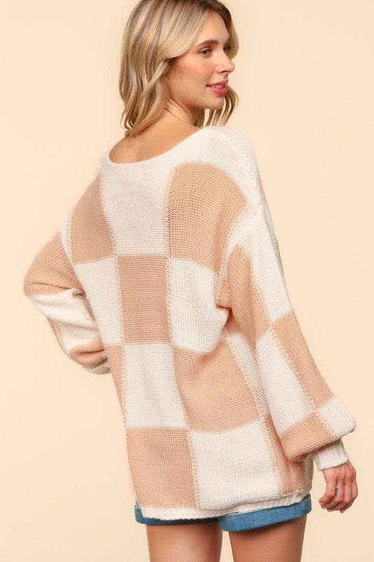 Haptics Full Size Checkered Round Neck Drop Shoulder Sweater