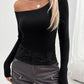 Single Shoulder Long Sleeve Lace T-Shirt