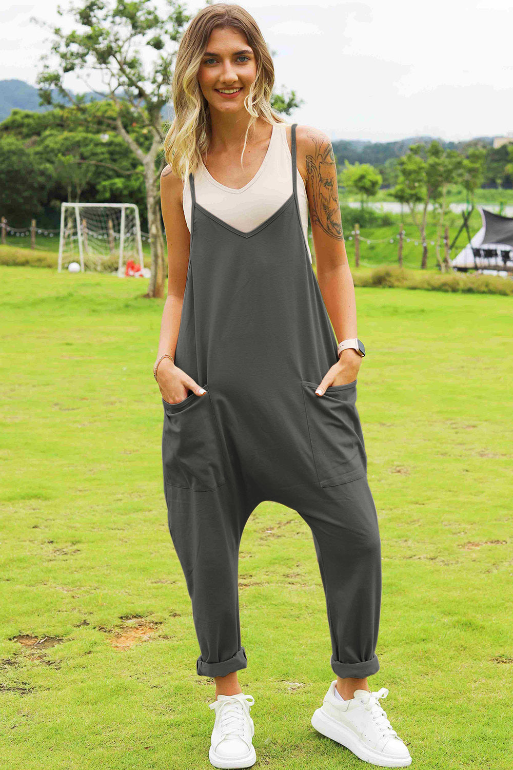 Double Take Full Size Sleeveless V-Neck Pocketed Jumpsuit *