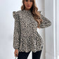 Ruffled Leopard Mock Neck Long Sleeve Blouse