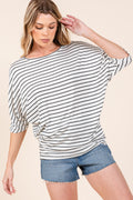 BOMBOM Striped Boat Neck Dolman Sleeve Top *