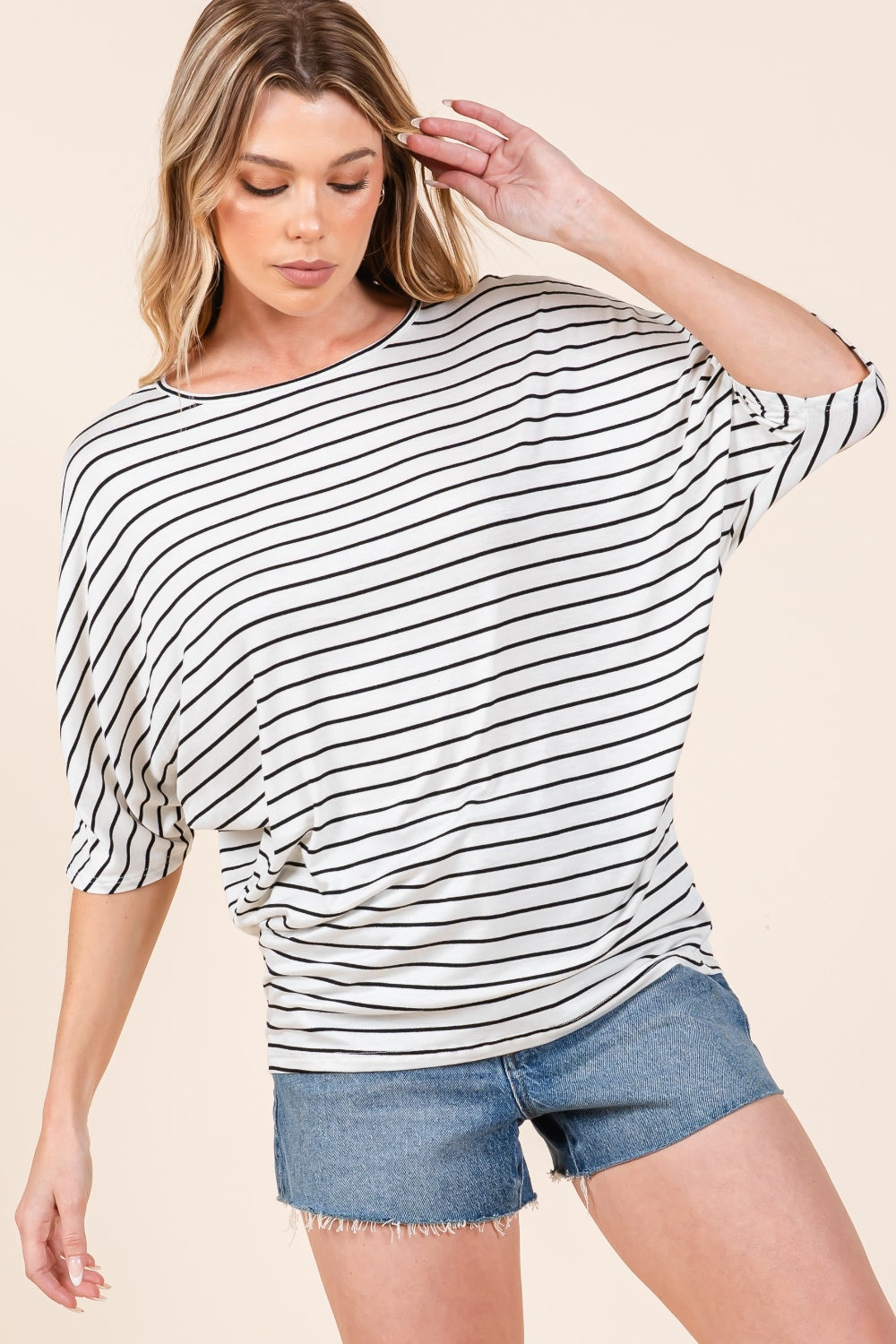 BOMBOM Striped Boat Neck Dolman Sleeve Top *