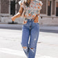 Printed Butterfly Sleeve Round Neck Blouse