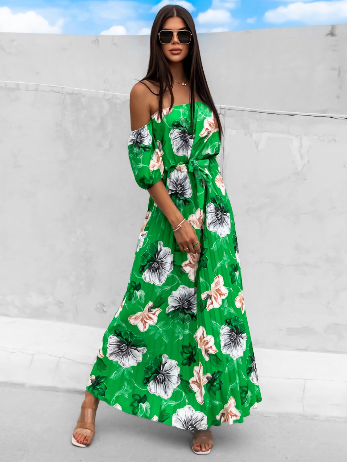 Full Size Pleated Floral Off-Shoulder Short Sleeve Midi Dress