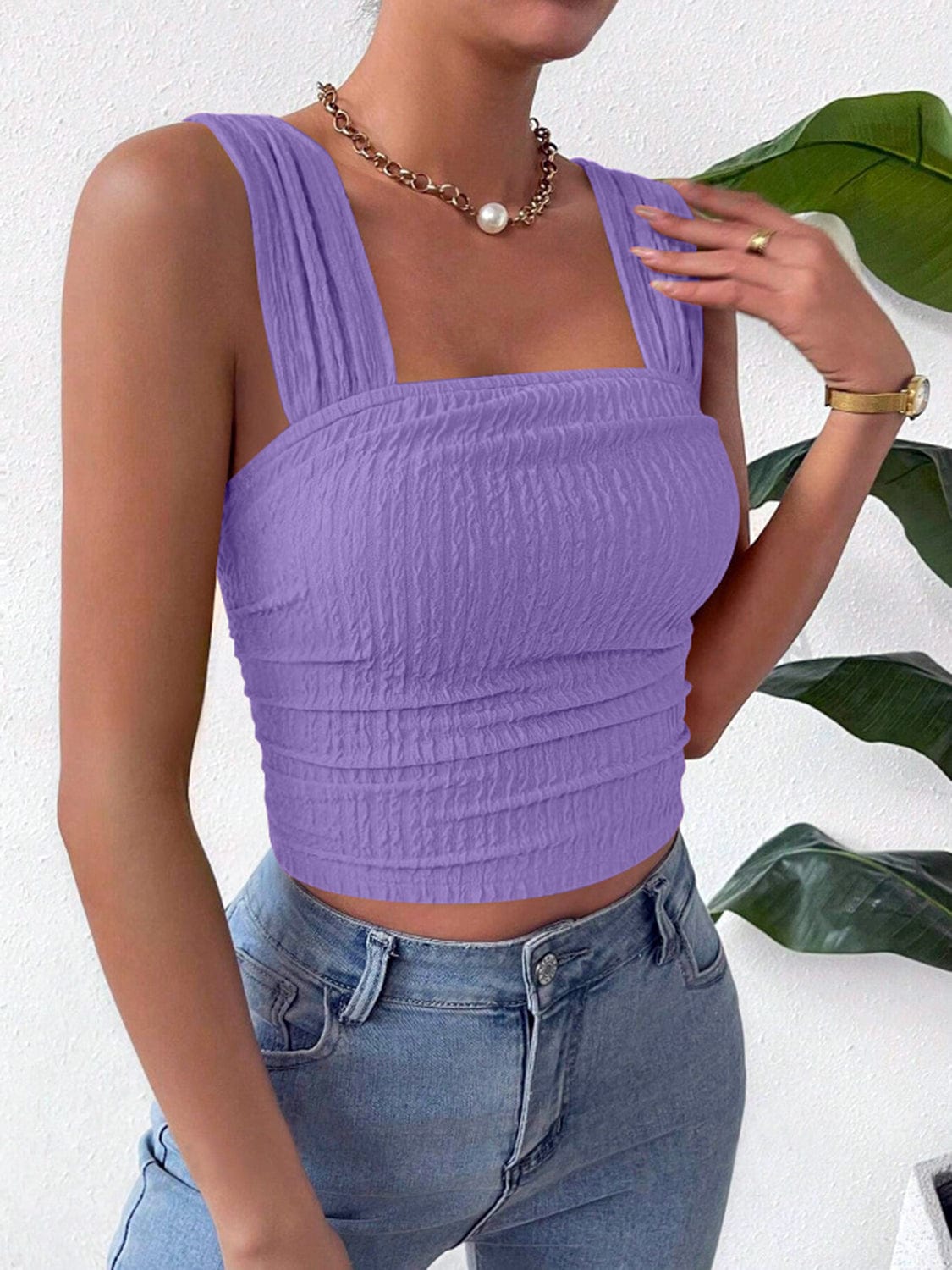 Full Size Textured Square Neck Wide Strap Tank