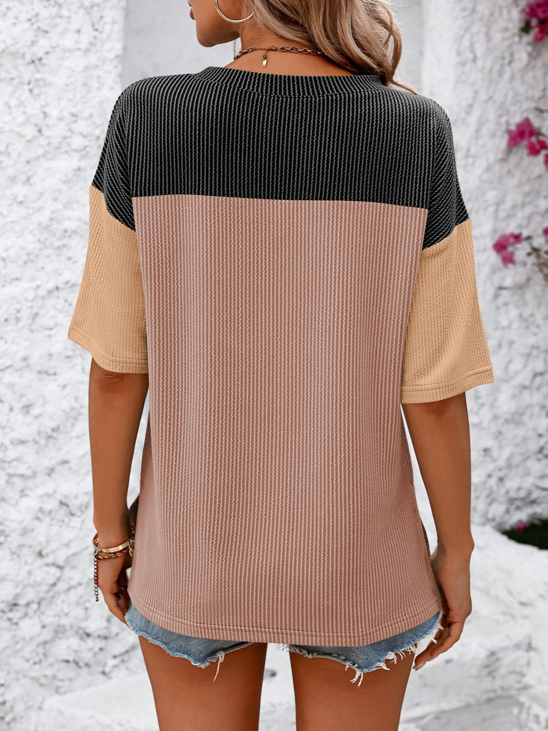 Full Size Color Block Round Neck Half Sleeve T-Shirt