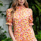 Women's Floral Puff Sleeve Keyhole Blouse