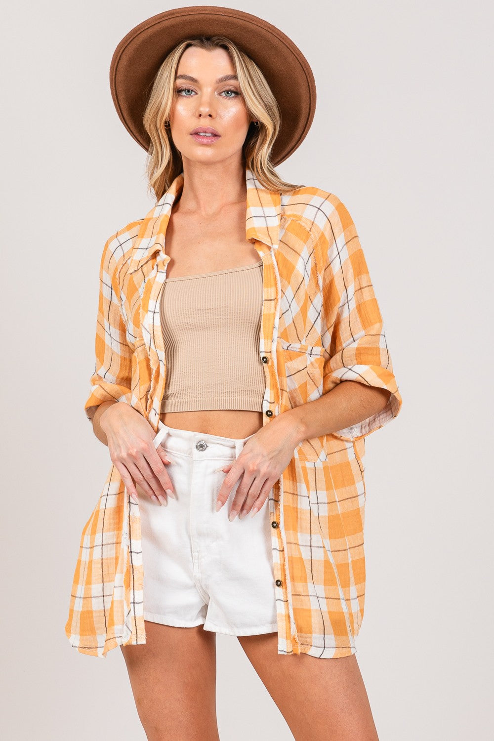 SAGE + FIG Plaid Apricot Button Up Side Slit Shirt *