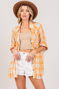 SAGE + FIG Plaid Apricot Button Up Side Slit Shirt *
