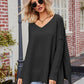 Slit V-Neck Dropped Shoulder Sweater