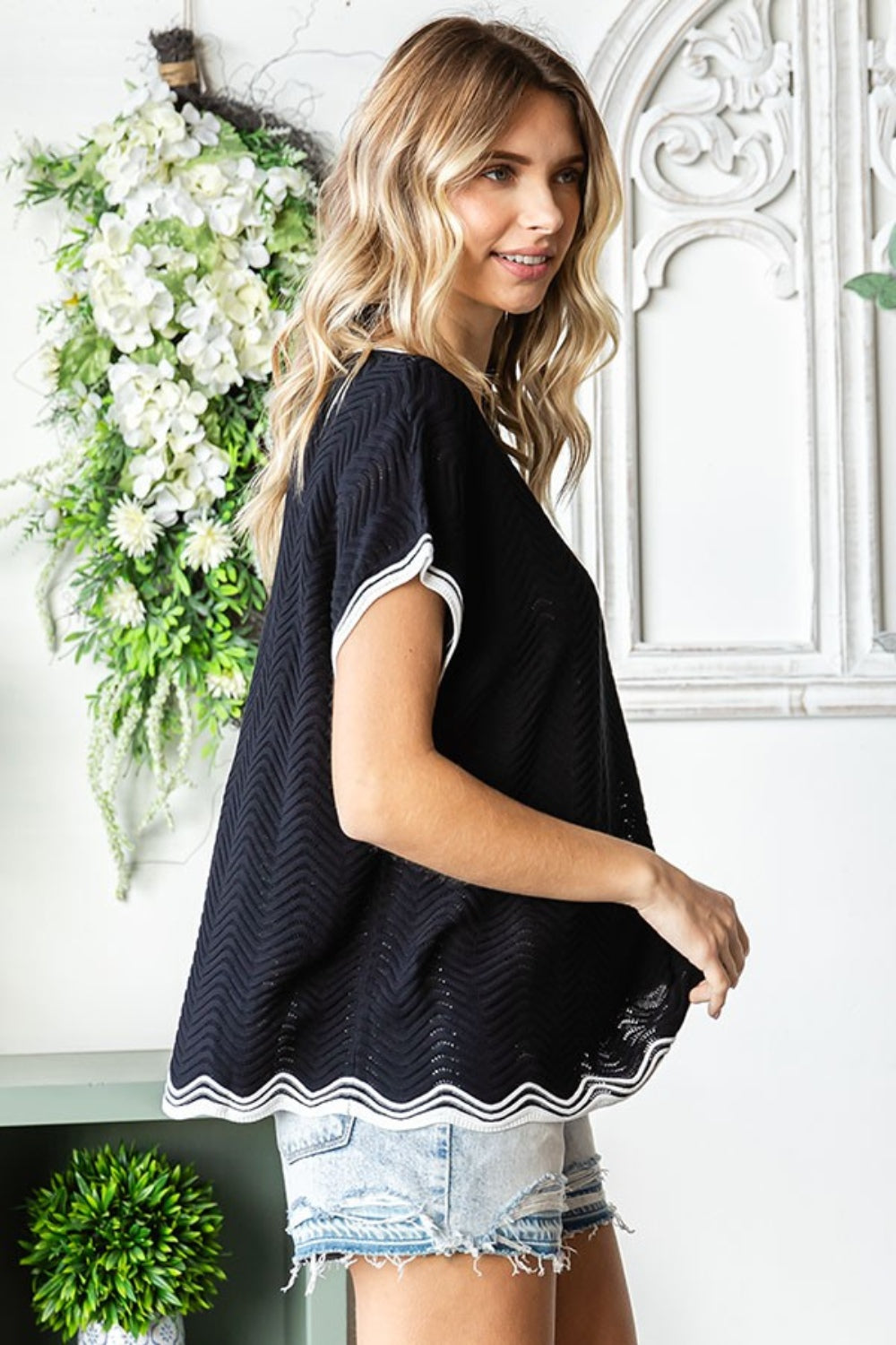 First Love Full Size Contrast Wavy Crochet Drop Shoulder Knit Top *
