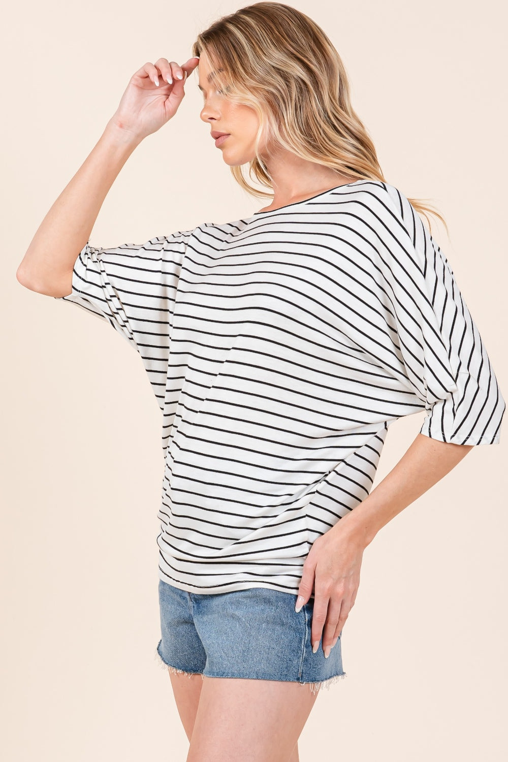 BOMBOM Striped Boat Neck Dolman Sleeve Top *