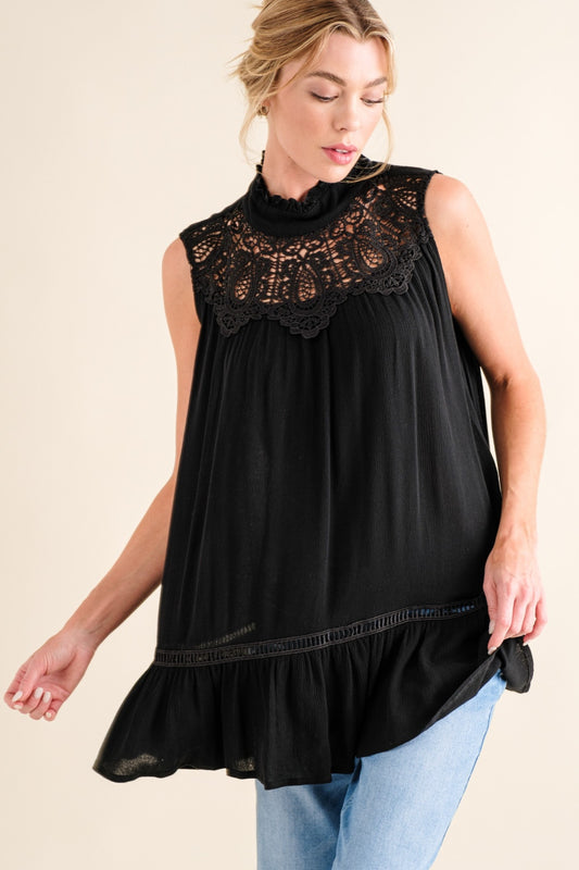 And The Why Lace Detail Sleeveless Ruffled Top