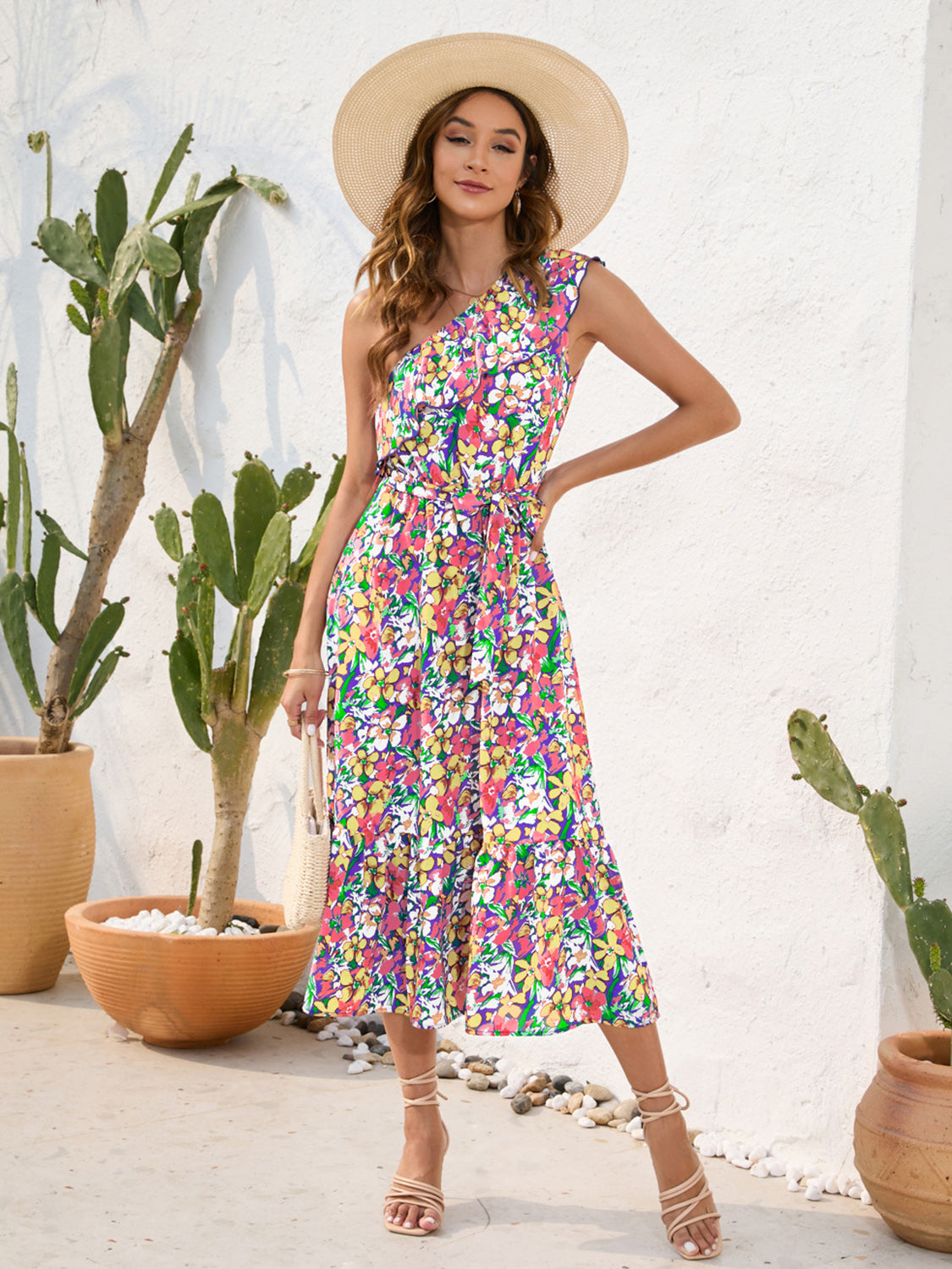 FULL SIZE Ruffled Printed One Shoulder Midi Dress