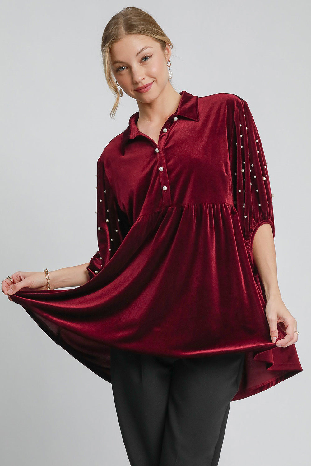 Umgee Pearl Detail Collared Neck Velvet Babydoll Blouse *