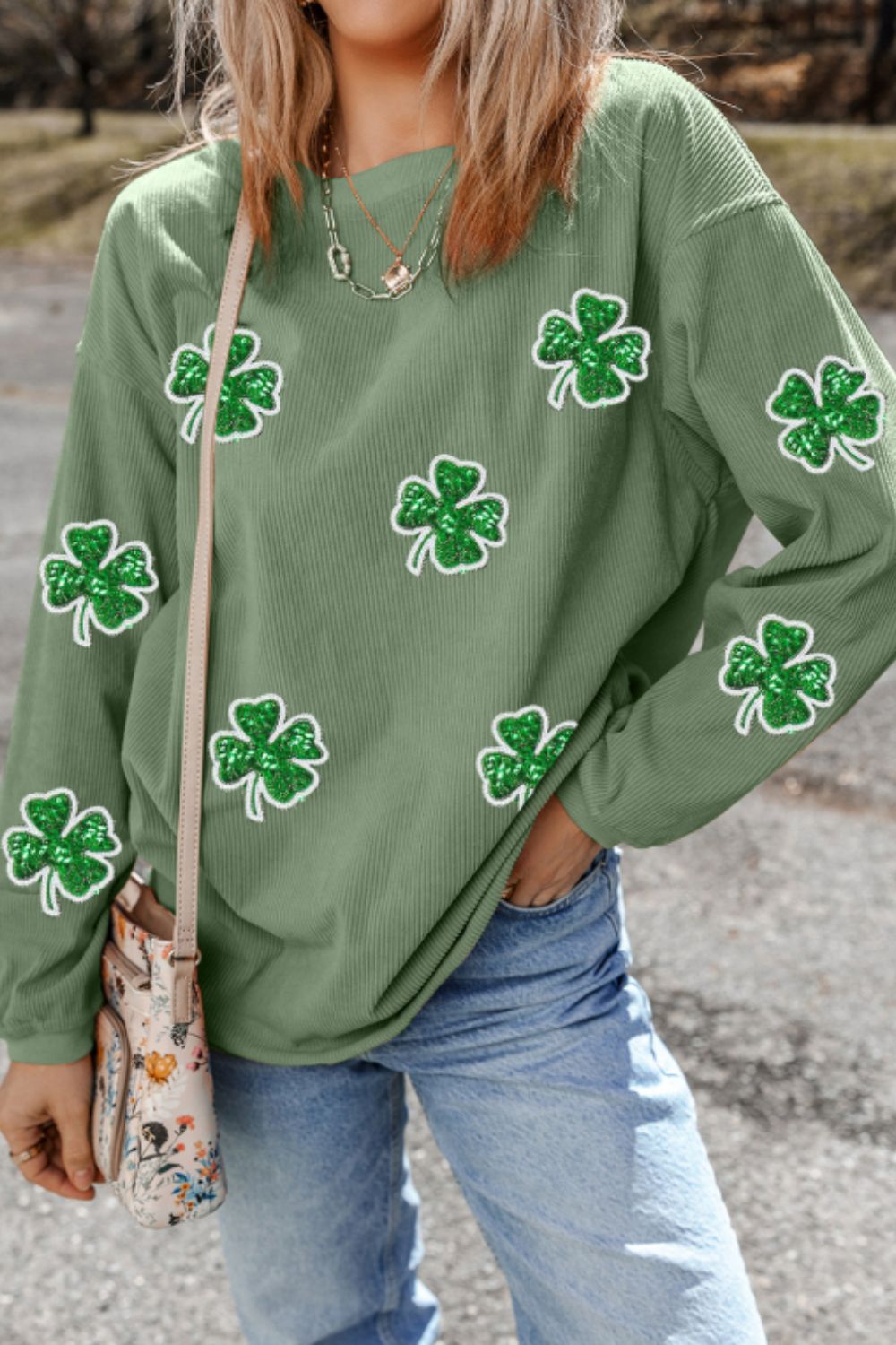 Sequin Lucky Clover Matcha Green Round Neck Long Sleeve Sweatshirt