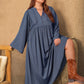 Plus Size Lace Detail Notched Long Sleeve Midi Dress