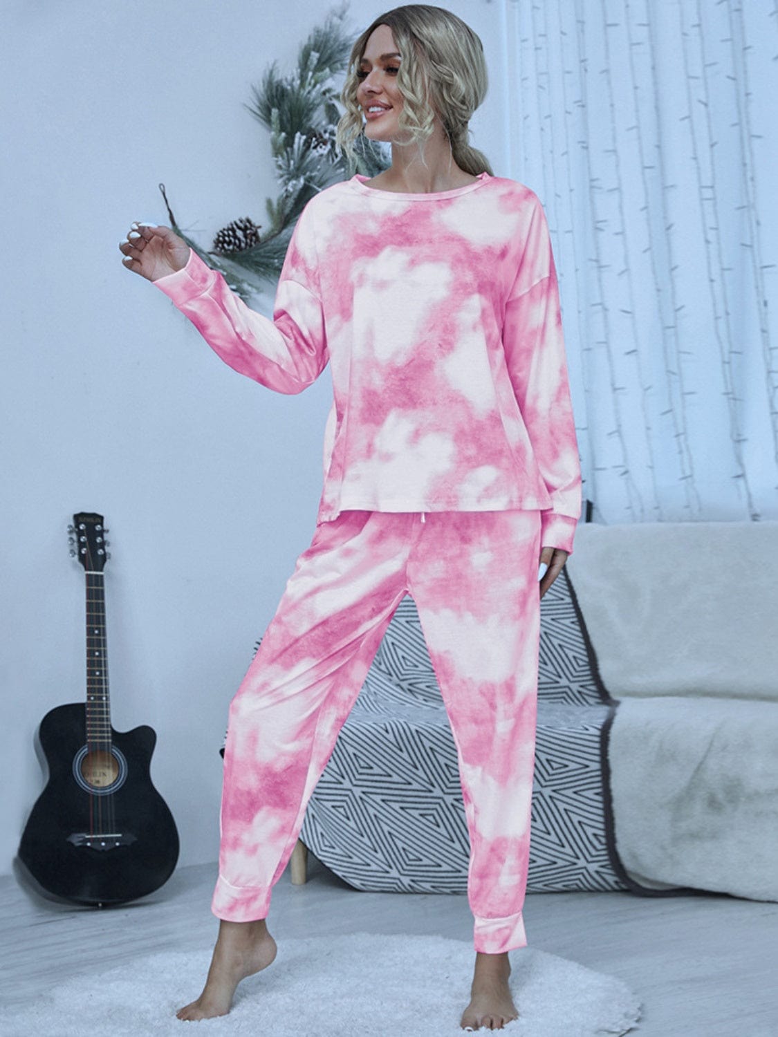 Full Size Tie-Dye Round Neck Top and Pants Lounge Set