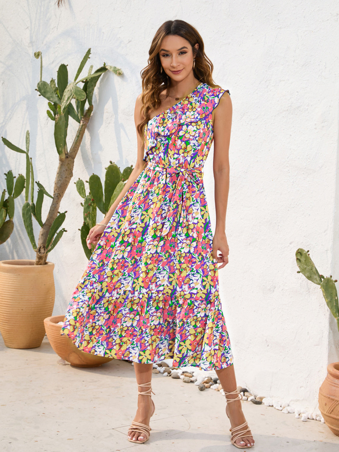 FULL SIZE Ruffled Printed One Shoulder Midi Dress