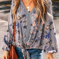 Lace Detail V-Neck Balloon Sleeve Blouse