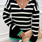 Devine Striped V-Neck Long Sleeve Knit Top