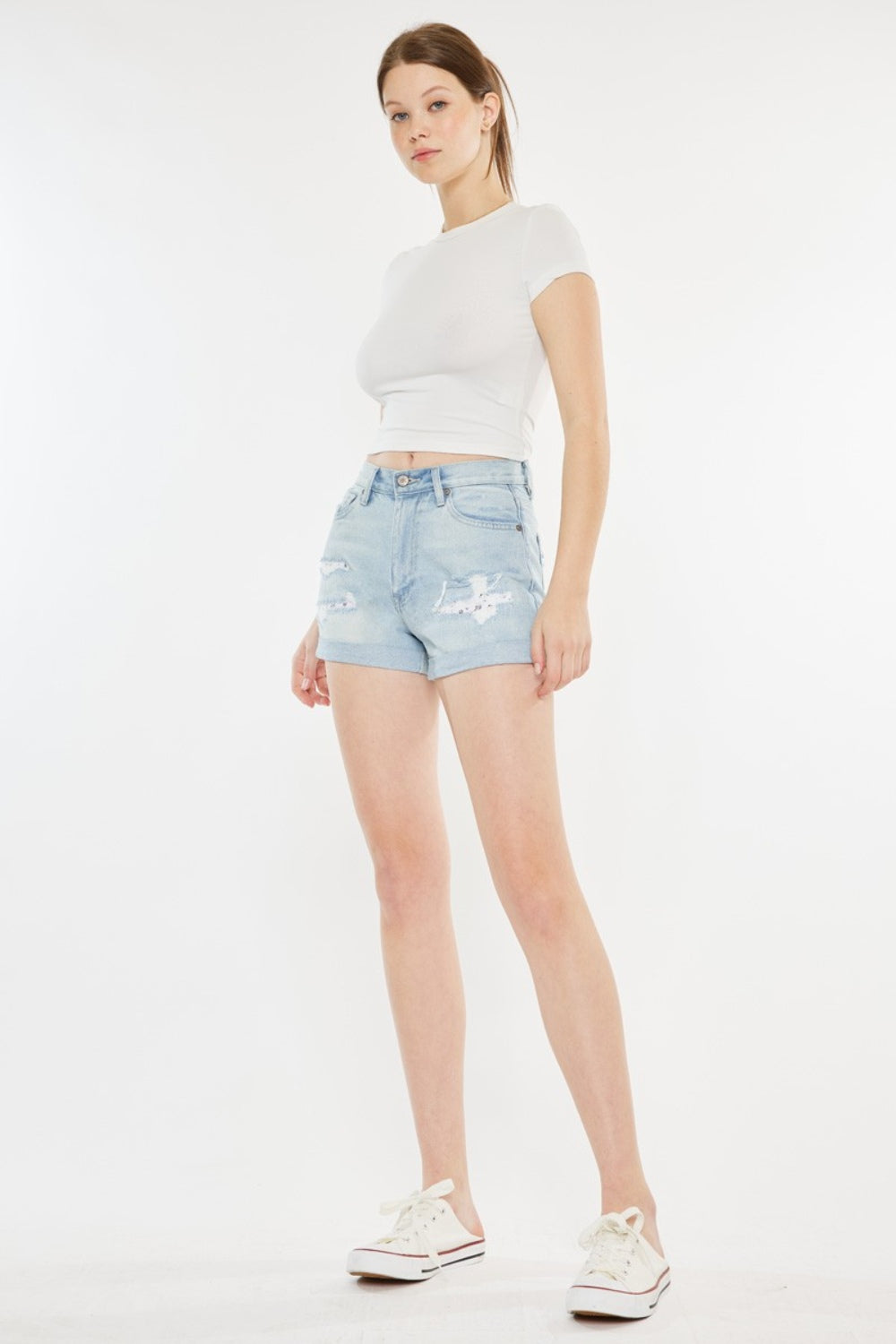 Kancan High Rise Repaired Mom Denim Shorts *