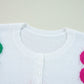 Flower Round Neck Quarter Button Knit Top