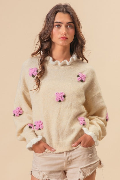 BiBi Ruffled Crochet Flower Dropped Shoulder Sweater - Brand BiBi