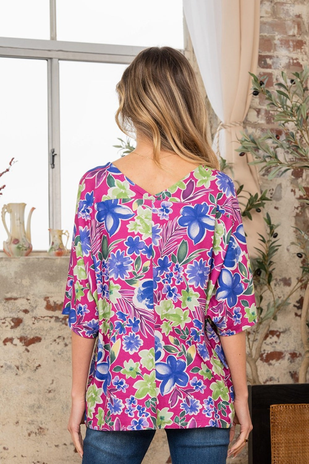Sew In Love Full Size V-Neck Floral Half Sleeve Top *