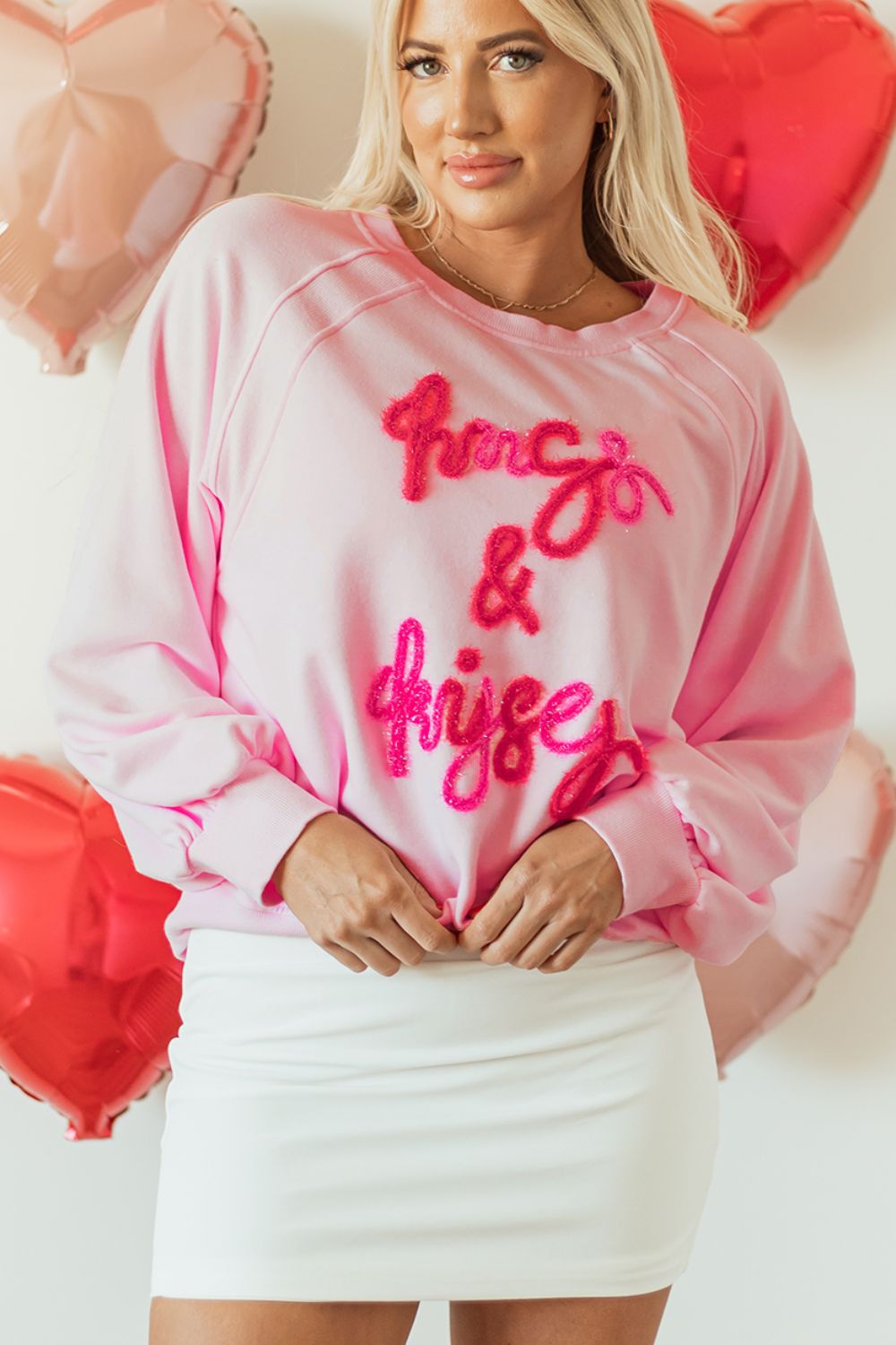 Valentine’s Day Blush Pink HUG AND KISSES Round Neck Sweatshirt