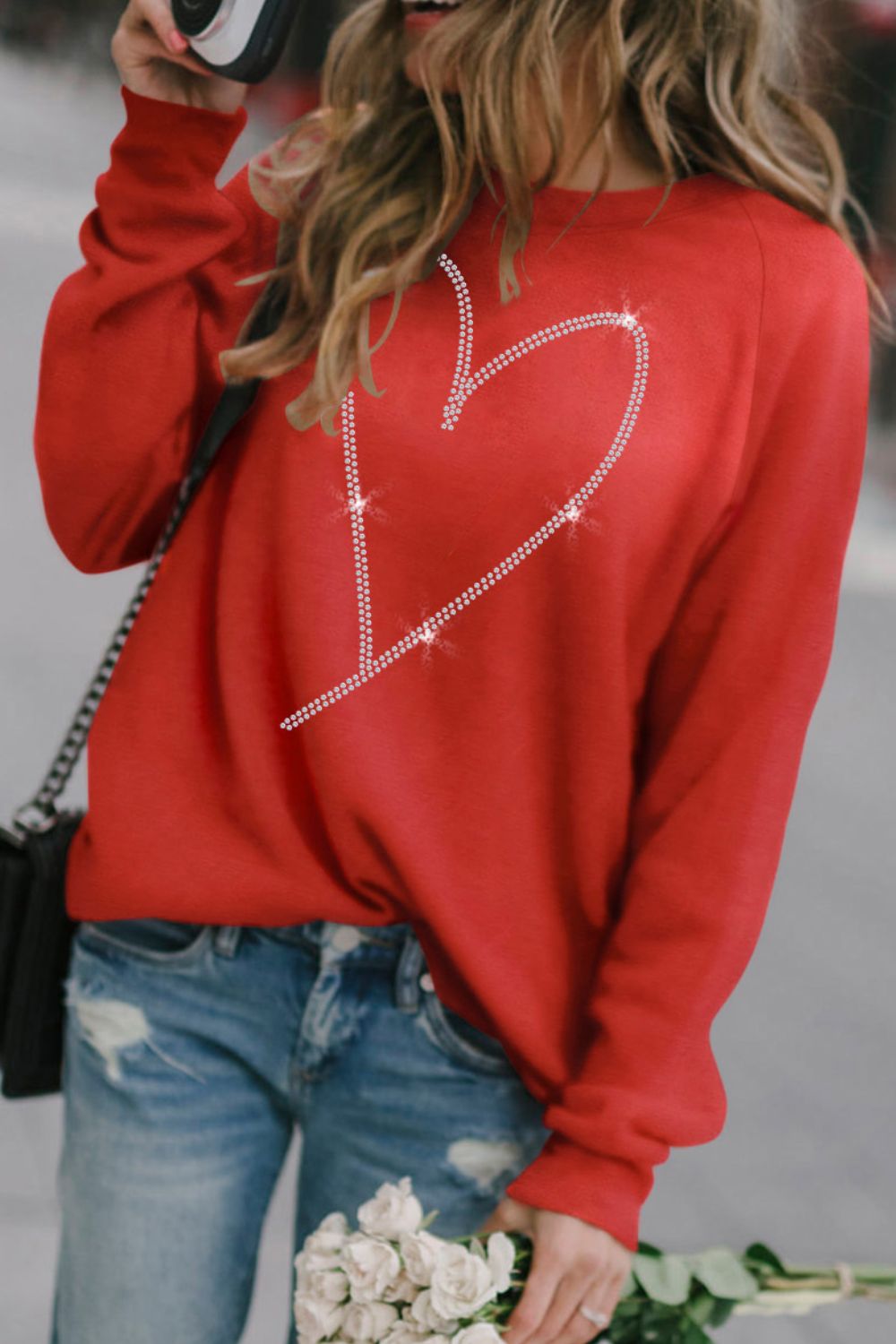 Valentine's Day Deep Red Rhinestone Heart Long Sleeve Sweatshirt