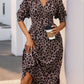 Perfee Leopard Surplice Long Sleeve Midi Dress