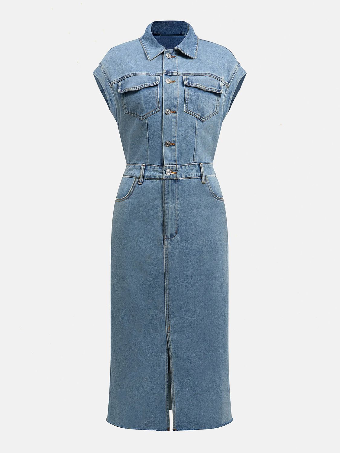 Slit Half Button Collared Neck Cap Sleeve Denim Dress