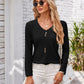Full Size Decorative Button Openwork V-Neck T-Shirt